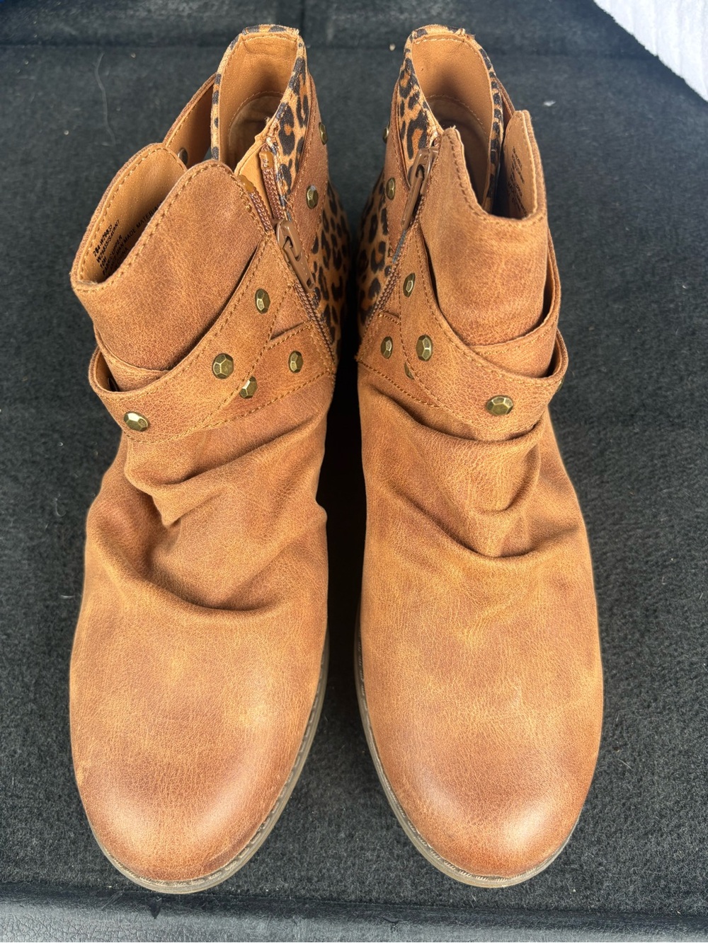 White Mountain Tan Ankle Booties with Leopard Trim and Studs